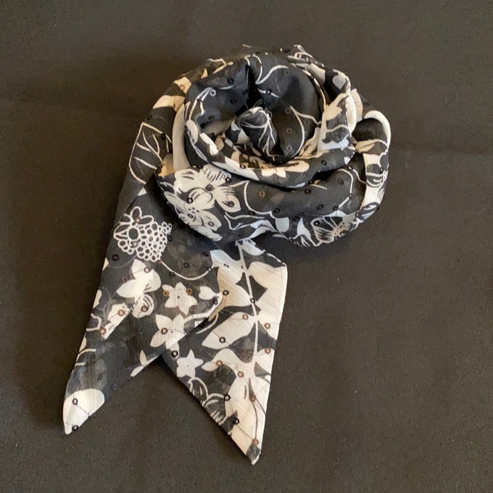 Black and White sequins Floral Scarf